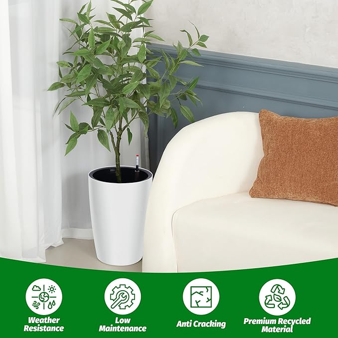 16" Tall Round Planter Set of 4, Self Watering Pots, Large Planter for Indoor Outdoor Plants, Built-in Drainage and a Water Level Monitor, for Patio, Porch, Living Room, or Home Office, White