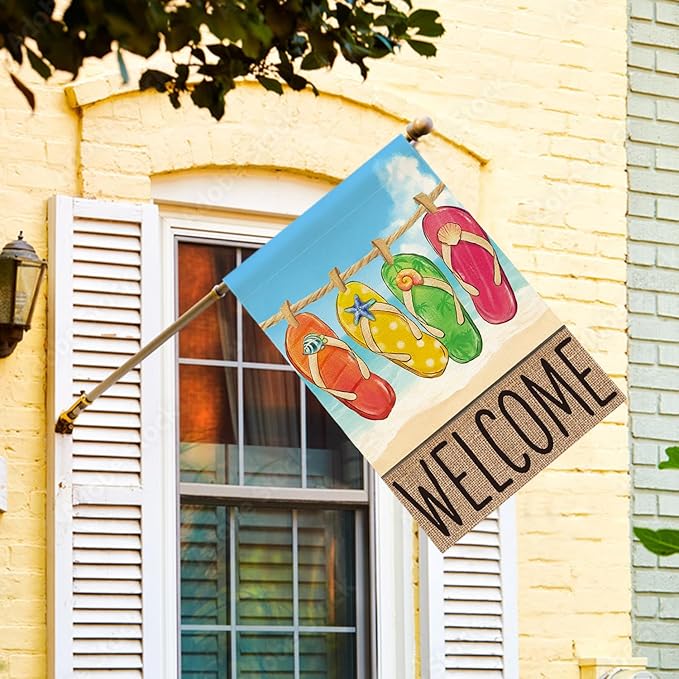 AVOIN colorlife Summer Beach Flip-flop House Flag 28x40 Inch Double Sided, Welcome Seasonal Holiday Burlap Yard Outdoor Decoration