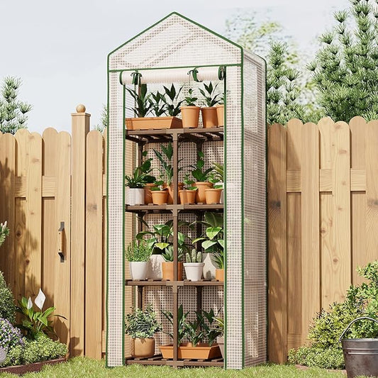 4 Tier Bamworld Mini Greenhouse for Outdoor Indoor 22 x 16 x 66-Inch Portable Greenhouses with Reusable PE Cover Small Greenhouse Kit for Outside Heavy Duty Patio Wooden Greenhouse Tent