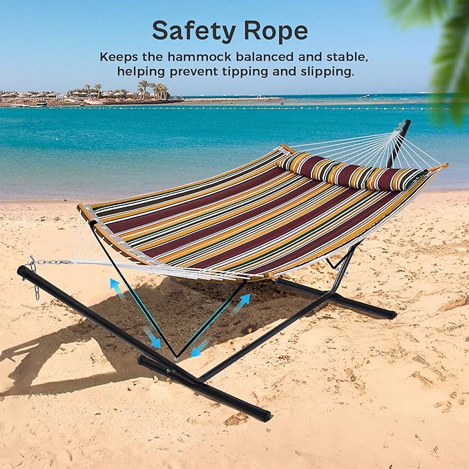 SUPERJARE Hammock with Stand, 2 Person Heavy Duty Hammock Frame, Detachable Pillow & Strong Curved-Bar & Portable Carrying Bag, Perfect for Outdoor & Indoor - Maple-Leaf Red