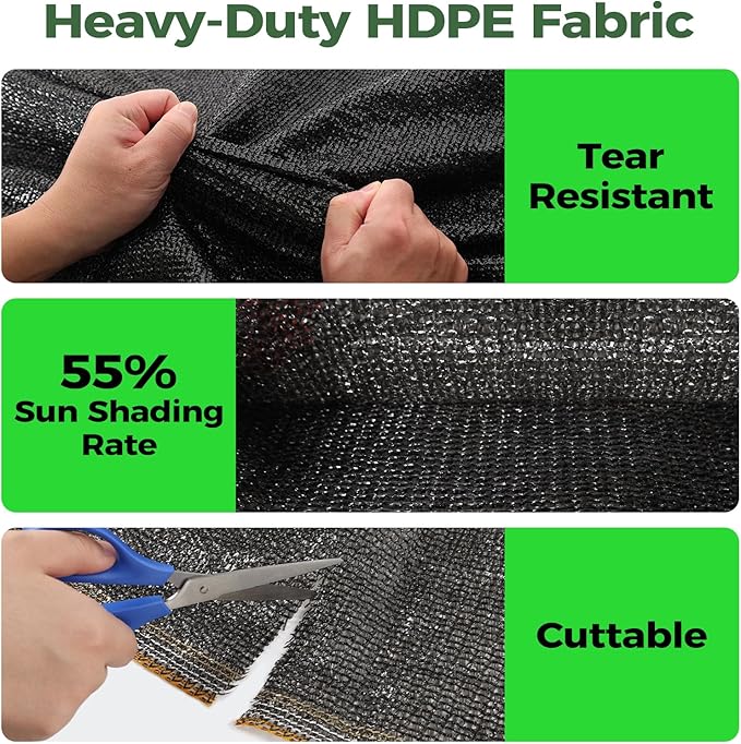 55% Shade Cloth for Garden,HDPE Cuttable Sun Shade for Plants,Mesh Garden Shade Cloth for Greenhouse Vegetables,Plant Heat Protection Black Cover for Patio Raised Bed (10×20FT)