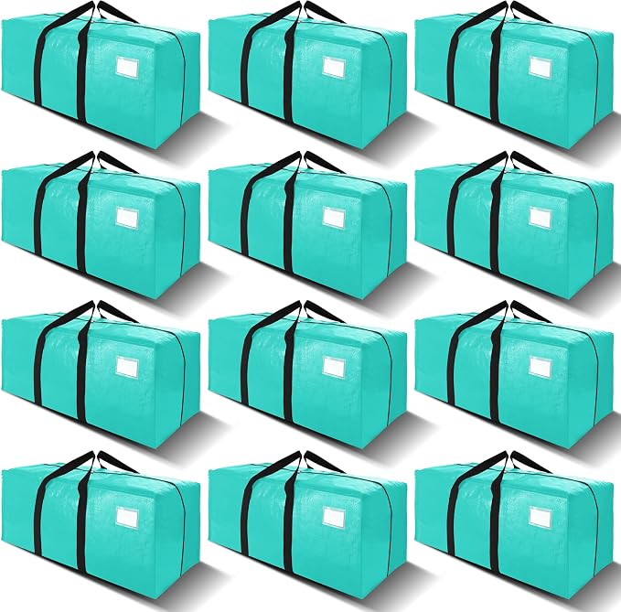 VELVETSURE 12 Pack Heavy Duty Large Moving Bags W/Backpack Straps - Strong Handles & Zippers, Storage Totes For Space Saving, Fold Flat, Alternative to Moving Box and Storage Bin, Aquamarine