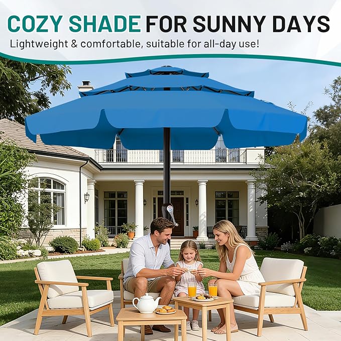 AreShark 12FT 3-Tiers Patio Umbrella with Valance, Outdoor with Crank, Large Outdoor Market Umbrellas Vented with 8 Sturdy Ribs, Patio Table Umbrellas for Garden, Deck, Backyard, Pool, Royal Blue