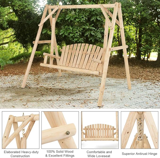 Tangkula A-Frame Wood Log Swing Bench, Outdoor Rustic Curved Back Swing Chair for Patio Garden Yard