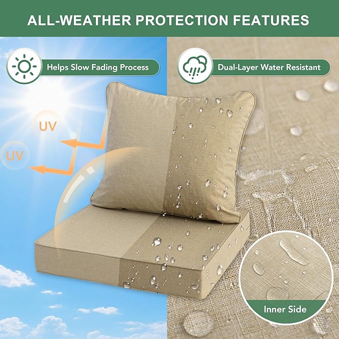 Summsun Outdoor Chair Cushions Set of 2, Faux Linen Patio Furniture Cushions, Water Resistant Backrest and Deep Seat Cushion Set with Ties, Removable Cover, Non-Slip Bottom, 24 x 24 Inch, Nature