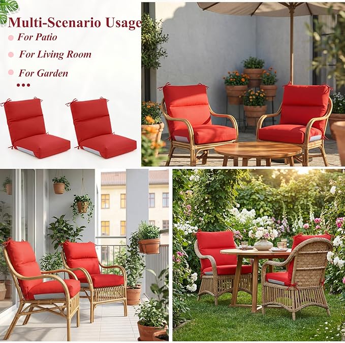 Geelin 4 Pack Outdoor/Indoor High-Back Chair Cushions 44×21 in, Stuffed Tufted Replacement Patio Chair Cushions with Ties Weather Resistant Pads for Patio Furniture (Red)