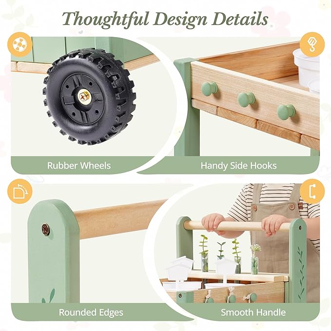 ROBOTIME Kids Gardening Tools with Cart Wheelbarrow - Wooden Outdoor Garden Toys Set with Watering Can, Shovel, Hand Rake & Plant Labels, Outdoor Backyard Play Toys for Toddler Gift (Green)
