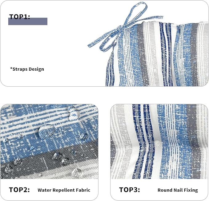 DYTXIII Set of 2 Outdoor Chair Cushions 19"x19"x4", Water Repellent Tufted Patio Seat Cushions with Ties, Thick Replacement Pads for Wicker Dining Chairs, Patio Furniture, Stripe Layered Blue