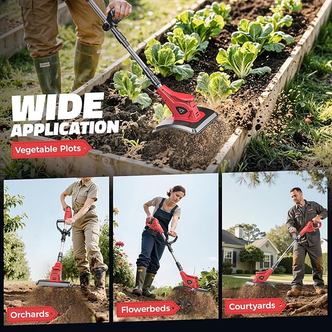 Cordless Tiller Cultivator Compatible with Milwaukee 18V (No Battery), Tiller for Gardening 360RPM Electric Garden Tiller, Brushless Rototiller 9" Width 6.3" Depth for Lawn/Soil Cultivation, Red