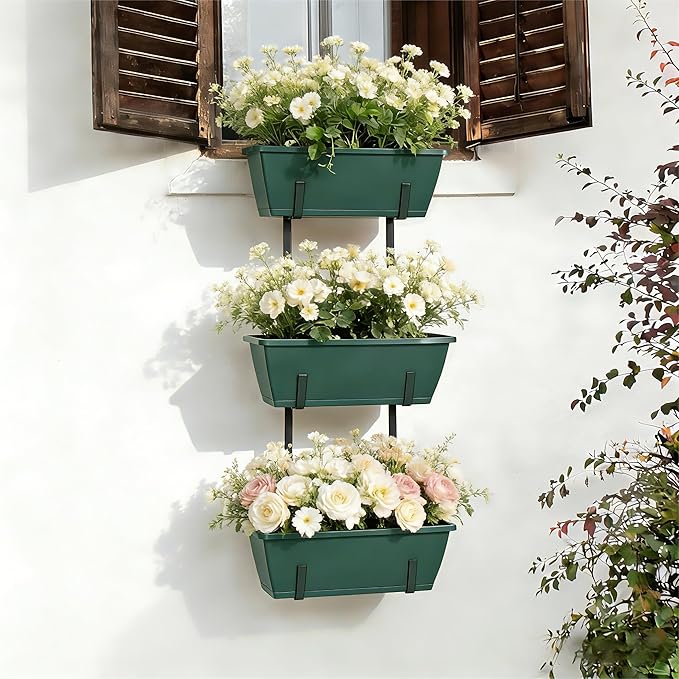 OYEAL 3-Tier Railing Planter Box Deck Railing Hanging Flower Pots Window Box Planter with Adjustable Brackets & Rectangular Flower Pots for Garden Fence, Patio, Balcony Decor Green