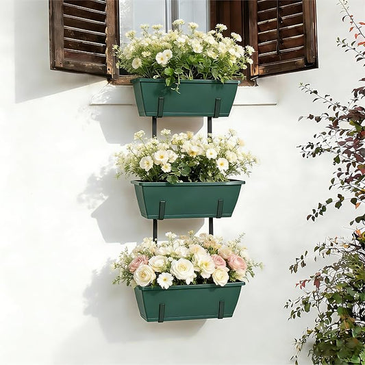 OYEAL 3-Tier Railing Planter Box Deck Railing Hanging Flower Pots Window Box Planter with Adjustable Brackets & Rectangular Flower Pots for Garden Fence, Patio, Balcony Decor Green