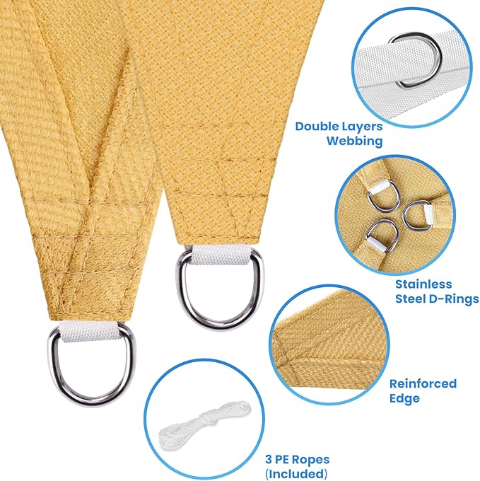 StorageTastic Triangle Sun Shade Sail - 20' x 20' x 20', UV Block Awnings for Patio Shade with Ropes Resist Wear, Tear & Fade, Breathable Sunshades for Outdoor Patio, Garden, Deck, Yard (Sand)