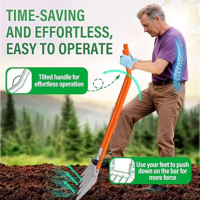 VASALAID Broadfork 5-Tine Broad Fork for Gardening Ergonomic U-Shaped Design Heavy Duty Broadfork Tool for Gardening Cultivating Farm Garden Digging Crushing Aerate Soil (Patent Pending)
