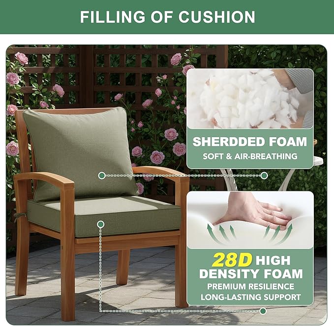 Summsun Water Resistant Outdoor Chair Cushions, Faux Linen Backrest and Deep Seat Cushion Set with Ties, Removable Cover, Non-Slip Bottom for Patio Furniture, 22 x 22 Inch, Mocca Green, Set of 4