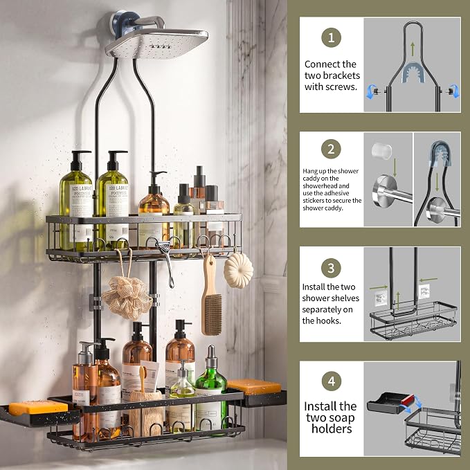 Skyapex Shower Caddy Hanging Over Shower Head, Adjustable, Black