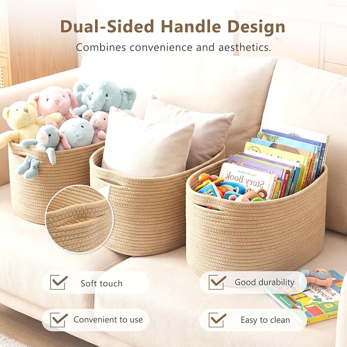ECDYQXVU 15x10x9 Inch Woven Cotton Rope Storage Basket, 3 Pack | Foldable Design, Built-in Handles, Space-saving Organizer for Living Room, Bedroom, Laundry, Shelves, Clothes, Towels