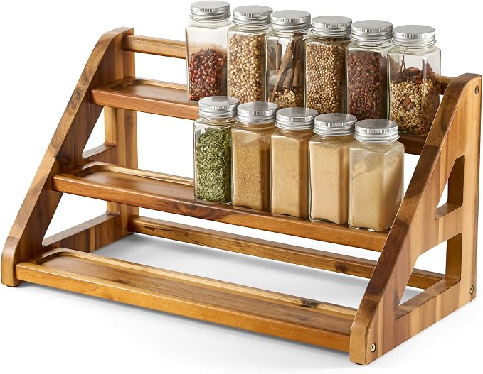 Tinamo Acacia Wood Spice Rack for Countertop, 3-Tier Design, Holds 24 Jars | Solid Acacia Wood, 3-tier Spacious Design for 24 Spice Jars, Cutout Grooves for Secure Storage, Easy Assembly, Acacia Color