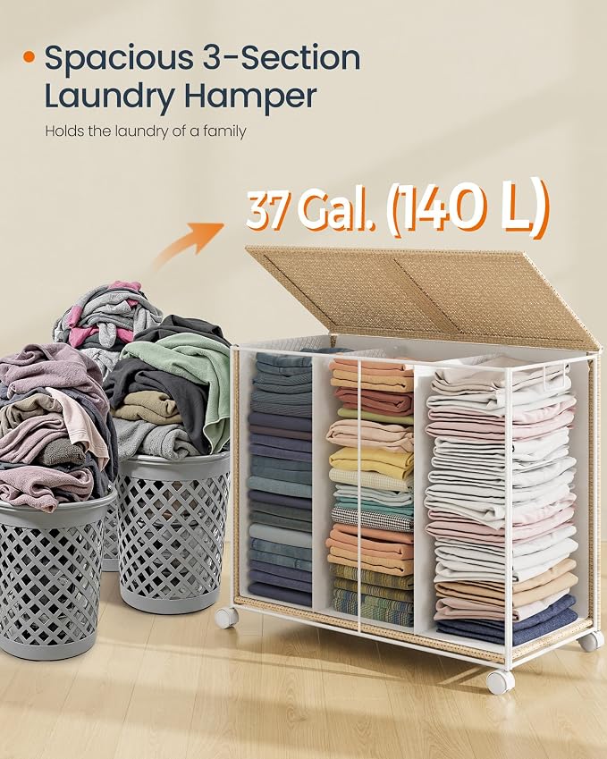 SONGMICS HOME Laundry Hamper with 3 Section, 140 L, Rattan, with Wheels | Rolling Clothes Basket with Lid, Removable Liner with Handles, Natural Beige and Matte White, PEZZO Collection ULCB602N01
