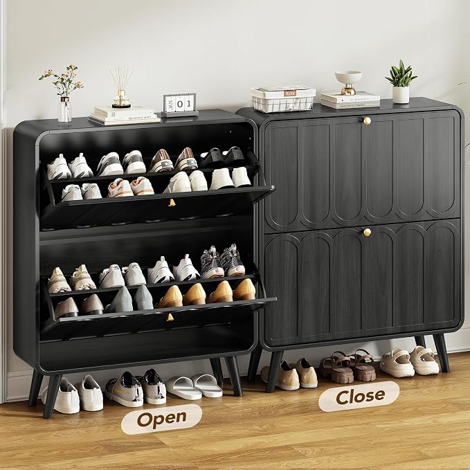 Decofy Shoe Cabinet with 2 Flip Drawers, Expanded Panel for Long Footwear, Freestanding Shoe Storage Cabinet with 3-Gear Adjustable Shelves, Narrow Shoe Cabinets for Entryway, Solid Wood Legs, Balck