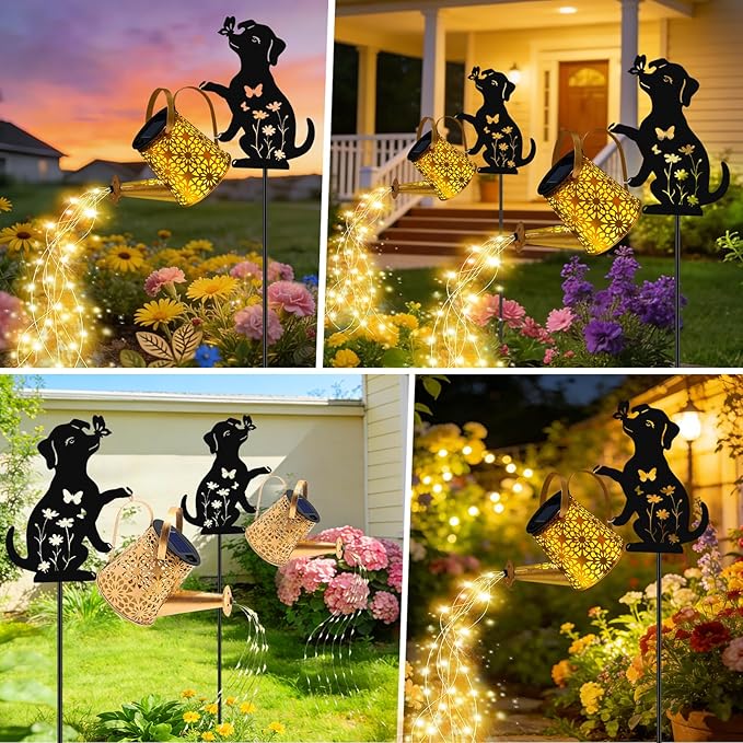 VOOKRY Solar Watering Can Lights Outdoor with Dog Silhouette Stake, Garden Gifts for Mom, Women & Garden Lovers Waterproof Metal Garden Lantern, Decorative Yard Patio Lawn Pathway Decor(2 Pack)