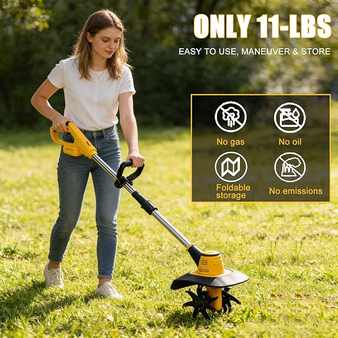 Cordless Tiller Cultivator Compatible with Dewalt 20V MAX Battery, Electric Garden Tiller w/360 RPM, 9In Tilling Width & 7In Depth, Rototiller for Lawn/Soil Cultivation (Battery Not Included)