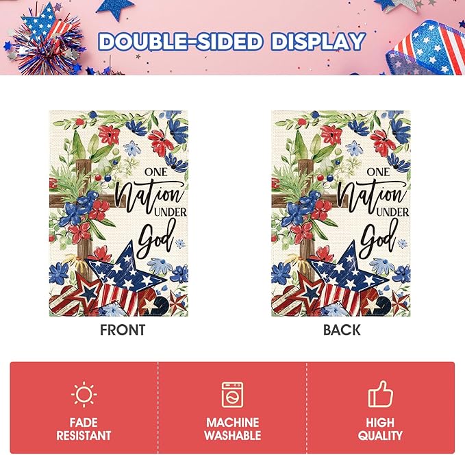 AVOIN colorlife Memorial Day Patriotic 4th of July Garden Flag 12x18 Inch Double Sided Outside, Flowers Cross Yard Outdoor Decoration