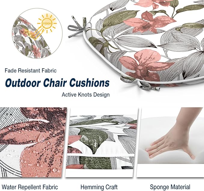 Outdoor Chair Cushions 16"x17" Set of 4, Water Resistant Patio Chair Pads with Ties, Seat Cushions for Home Garden Furniture Decoration, Clemens Noir Pink