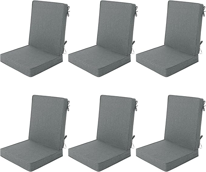 Outdoor Chair Cushions 20x20, Water-Resistant & Fade-Resistant, Patio Furniture Lawn Dining Chair Seat Replacement with High Back, Ties Zipper, Removable Cover, Set of 6, Dark Grey