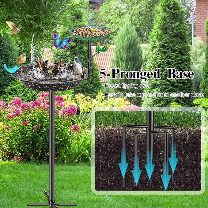 Metal Bird Bath for Outside Garden Birdbath Bowl, Freestanding Bird Feeders for Outdoors with 5 Prongs Base Stake, Standing Birdfeeders Birdbath Bowl for Yard Decor(Black-2-in-1-Butterfly)
