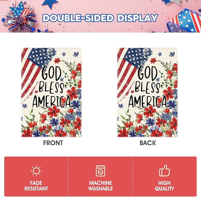 AVOIN colorlife 4th of July Patriotic Memorial Day Garden Flag 12x18 Inch Double Sided Outside, American Stars and Stripes God Bless America Floral Yard Outdoor Decoration