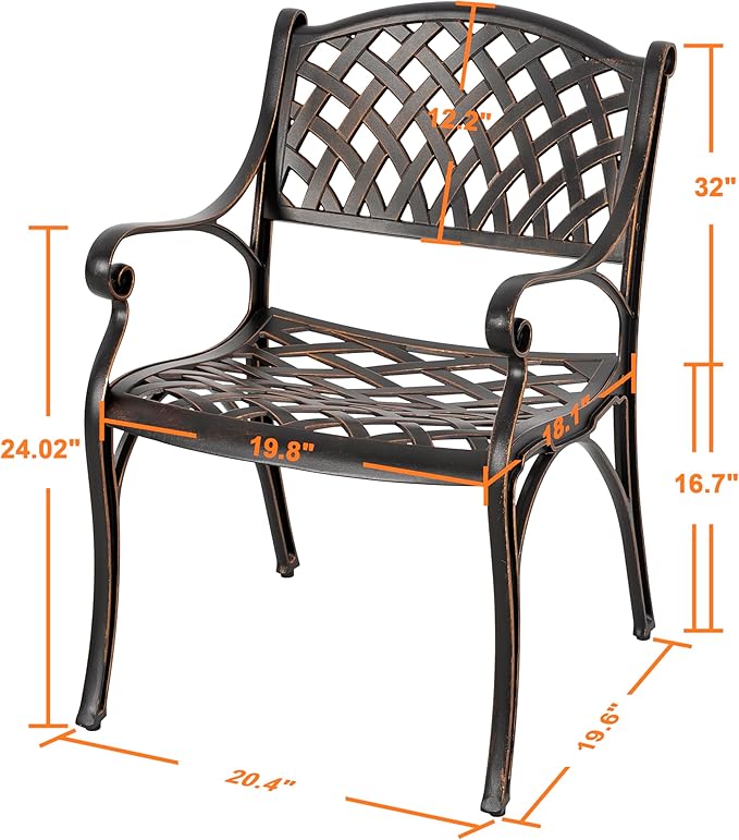NUU GARDEN Cast Aluminum Patio Dining Chairs with Armrests for Indoor Outdoor Bistro Chairs for Balcony, Backyard, Garden, Black with Bronze Edge