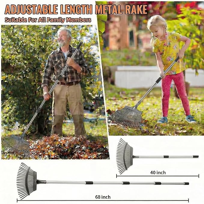 Garden Rake for Leaves, 20" Ultra Wide Heavy Duty Metal Leaf Rake, 40-68" Adjustable Long Handle Yard Rake with 25 Tines Head Women Kids Rakes for Lawns,Shrub,Grass,Pine Needles,Debris