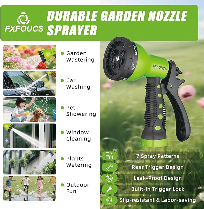 Garden Hose Nozzle Sprayer– this high heavy-duty spray nozzle offer 8 watering patterns for watering plants, lawns & gardens, washing cars, household (Green)