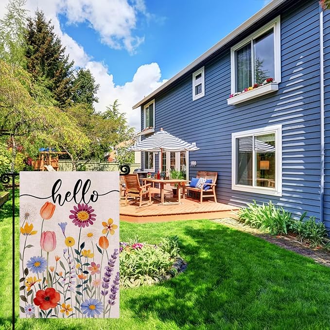 Hello Spring Floral Garden Flag 12x18 Inch Double Sided, Colorful Floral Summer Farmhouse Holiday Yard Outdoor Decorative Flag for Outesid