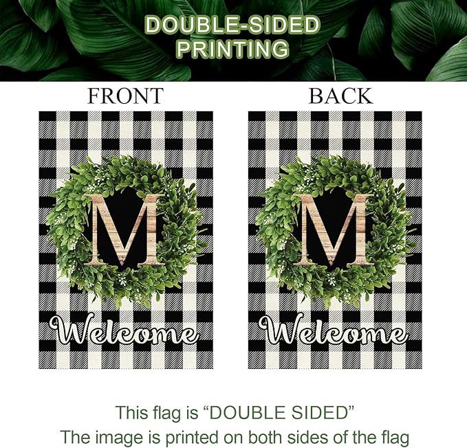 Baccessor Monogram Letter M Garden Flag 28 x 40 Inch, Buffalo Plaid Family Last Name Initial Boxwood Wreath Welcome Vertical Double Sided Large Flags for Outdoor Outside Decoration