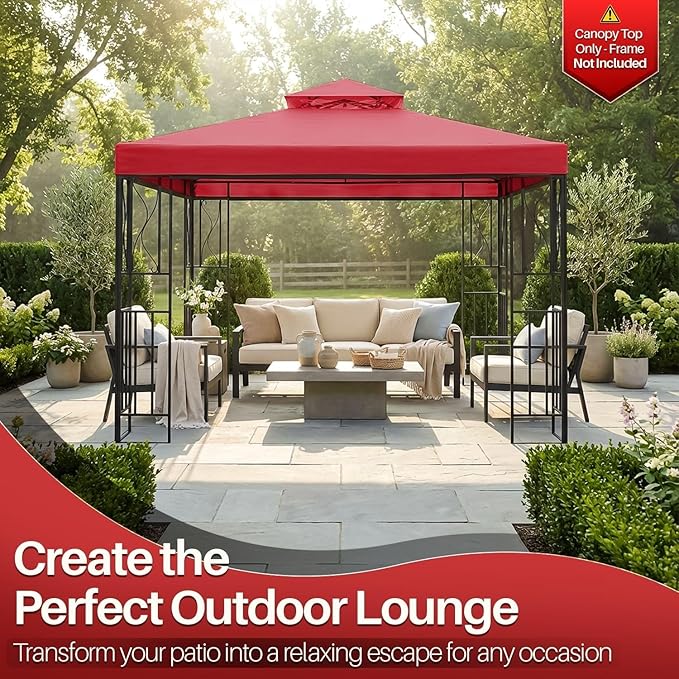 Flexzion Gazebo Cover Replacement Canopy Top 10x10 Ft (3m x 3m) - Double Tier Top Canopy Cover Replacement with UV30+, Dirt, Water Resistant for Outdoor, Sunshade, Garden, Patio, Pavilion (Red)