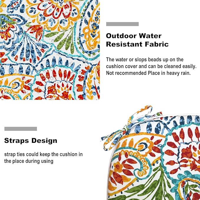 DYTXIII Set of 2 Outdoor Chair Cushions with Ties,Water Repellent Patio Chair Pads 17"x 16" for Outdoor Furniture,Round Corner Seat Cushions for Garden Yard Kitchen Paisley Multi