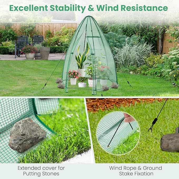 Happygrill Portable Mini Greenhouse, Garden Green House W/Roll-up Zipper Door and Window, Windproof PE Cover, 9 Ground Stakes & 4 Windproof Ropes, Indoor and Outdoor Greenhouse for Backyard