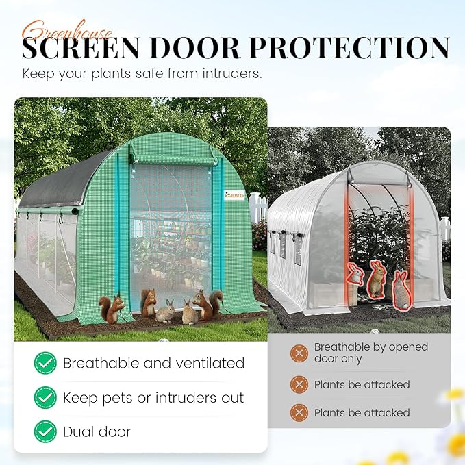 KING BIRD Premium 15x7x7 FT Greenhouse for Outdoors, Large Walk-in Heavy Duty Galvanized Steel Frame, Mesh Door Screen Window Tunnel Hoop Garden Plant Winter Hot House with Side Mesh&Shade Net, Green