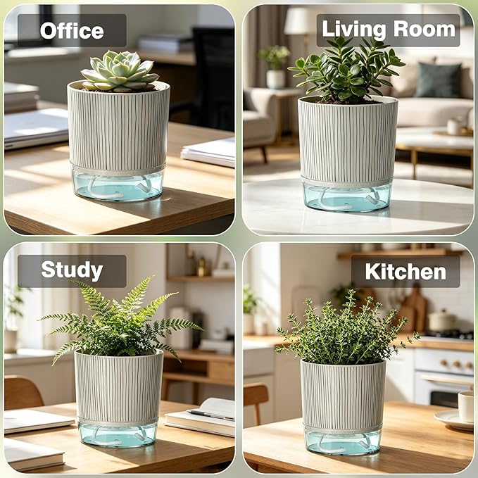 Self Watering Pots for Indoor Plants, 4 and 5.3 Inch, Plastic, Black Stripes, Round, Modern, Tabletop
