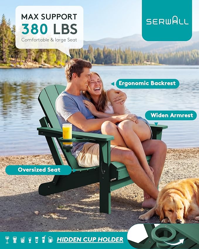 SERWALL Folding Adirondack Chair Outdoor Adirondack Chairs with Cup Holder Weather Resistant Patio Chair with Wood Textured for Patio Deck Garden, Backyard, Fire Pit - Green
