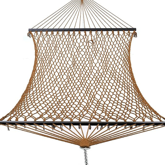 Gafete 12ft Family Hammocks, Handwoven Traditional Cotton Rope Hammock with Hardwood Spreader Bar, Chains and Hooks for Indoor Outdoor, Max 450 lbs Capacity (Coffee Brown, Large)