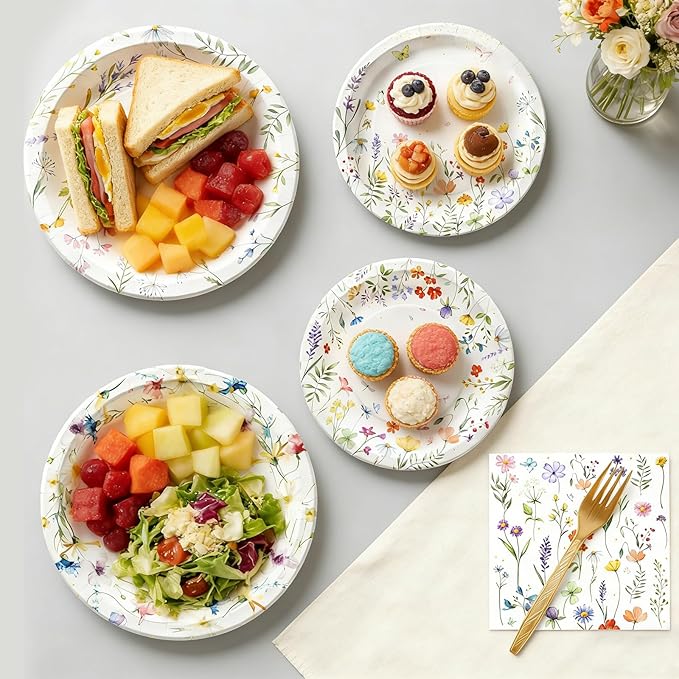 100Pcs Wildflower Plates and Napkins Party Supplies, Floral Paper Plates Wildflower Baby Shower Decorations Flower Party Plates Set for Spring Birthday Bridal Shower Tea Garden Party Decor, Serves 25