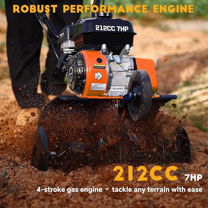212cc 4-Cycle 7HP Gas Powered Tiller Cultivator - 22" Heavy-Duty Steel Tines Rototiller, Adjustable Wheels and Handle, Forward/Reverse for Plowing, Tilling, Weeding in Garden, Farm (Light Orange)