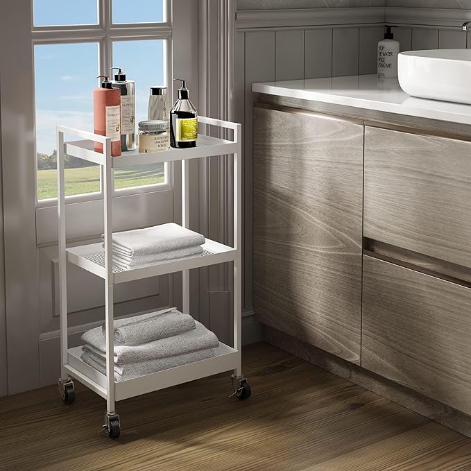 3-Tier Metal Utility Rolling Cart, Heavy Duty Multifunction Rectangular Cart with Lockable Casters, Kitchen Storage Carts Suitable for Office, Bathroom, Kitchen - White