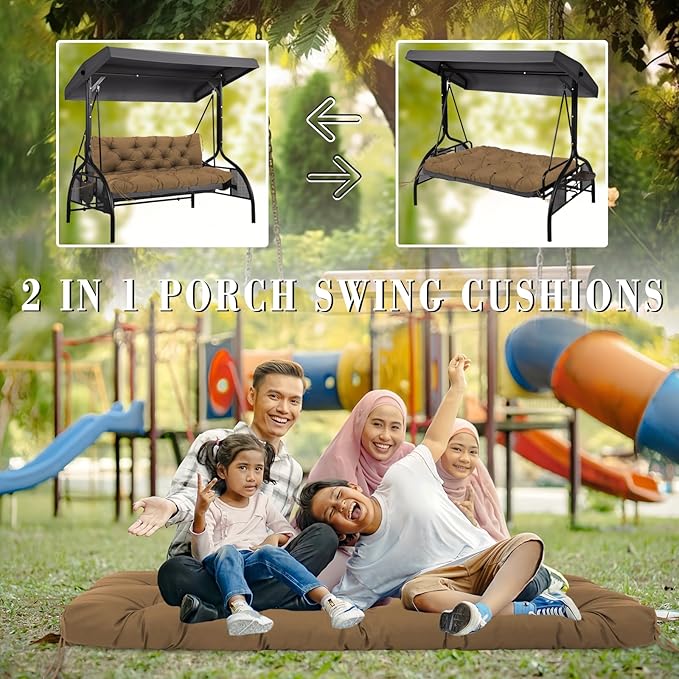 Outdoor Porch Swing Cushions Waterproof 2 Seater Extra 5" Thick Replacement Cushions with Backrest, Ties, Non-Slip Patio Furniture Cushions for Garden, Backyard(Brown 48×40×5inch)