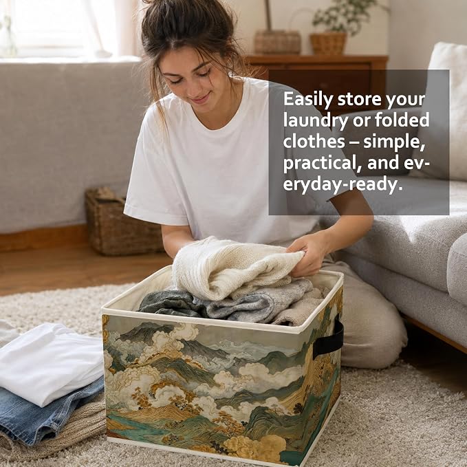 Japanese Mountain Landscape Storage Bins Box, Gold and Teal River Oriental Asian Zen Collapsible Storage Basket Clothes Toys Books Organizer for Bedroom Laundry Room Home Decor