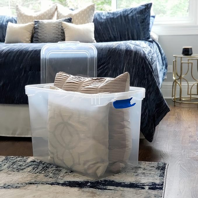 HOMZ Clear Plastic Storage Bins w/Latching Lid, 112 Qt, Blue Latch, 2 Pack