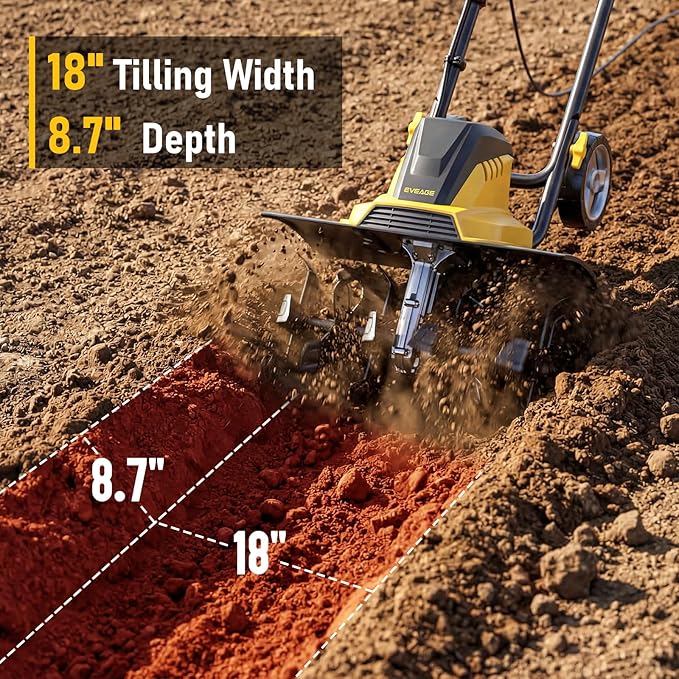 Electric Tiller for Gardening, 18-Inch 13.5-Amp Rototiller & Cultivator with 6x4 Steel Tines, 8.7" Adjustable Tilling Depth, Foldable Electric Garden Tiller with Wheels for Lawn/Yard