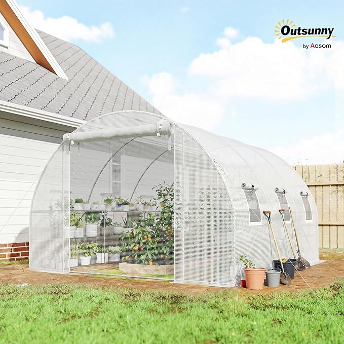Outsunny 10'x11'x6' Walk-in Tunnel Greenhouse with Shelves, Mesh Door and Windows, Hoop House Greenhouse with PE Cover, Outdoor Green House for Patio Lawn Garden, White